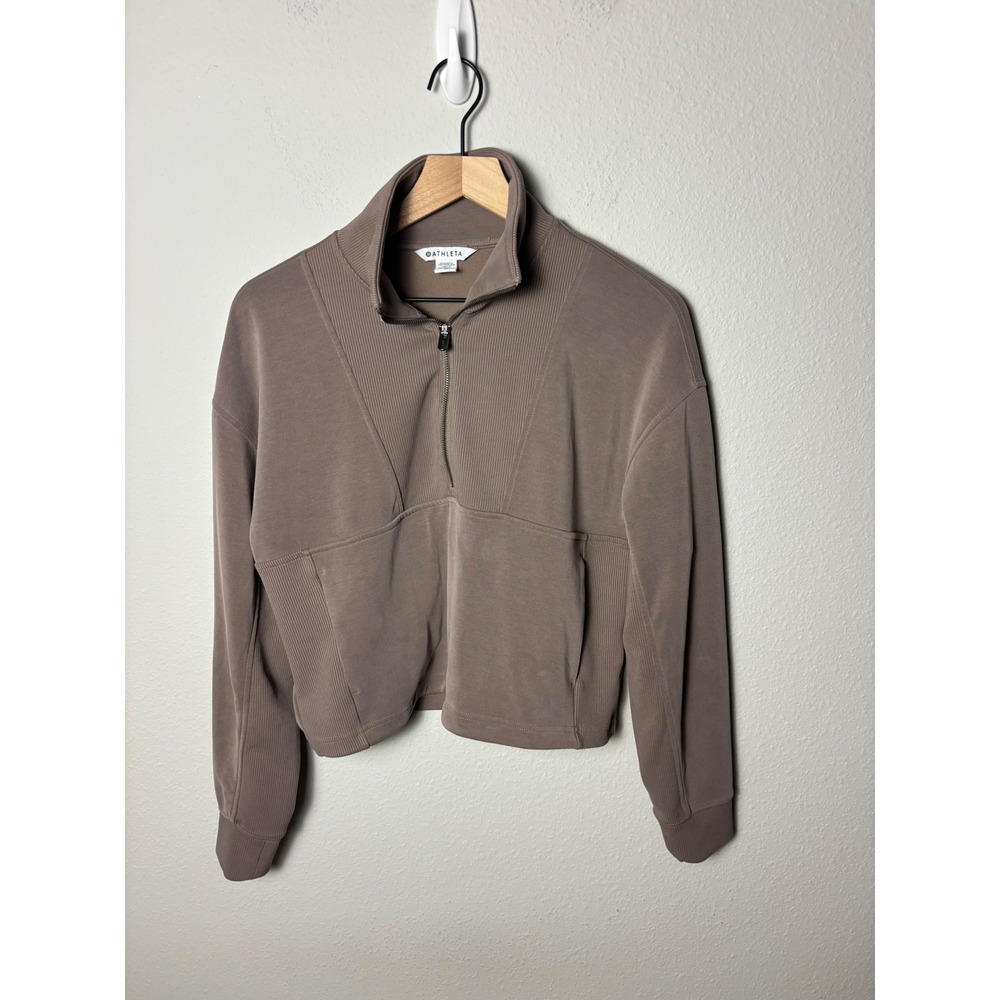 Athleta Seasoft Rib 1/4 Zip Popover Taupe Brown Sweatshirt Pullover Small